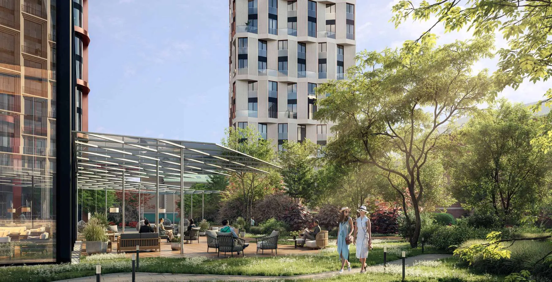 Терраса для общения и отдыха у остеклённого павильона